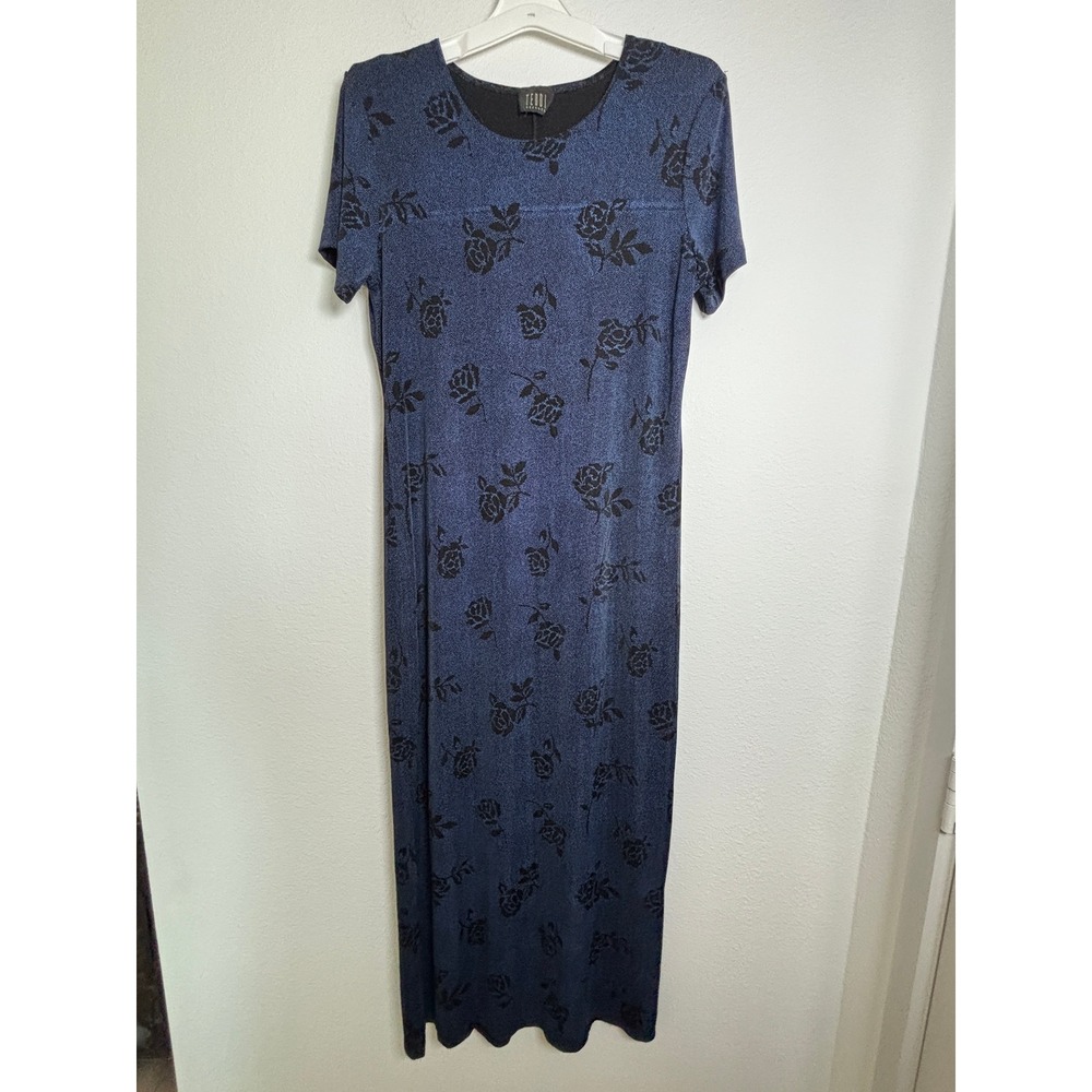 Teddi Dresses Vintage‎ Blue Black Velvet Floral Rose Maxi Dress Short Sleeve 10